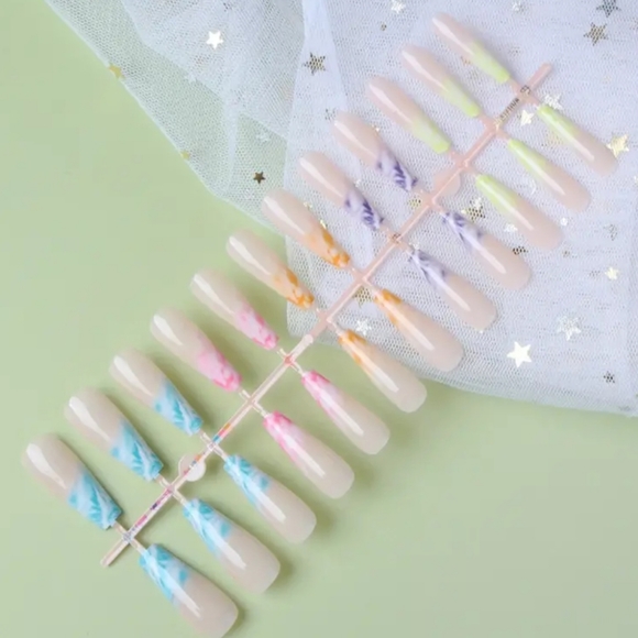 24pcs Glossy Rainbow French Tip Press On Nails - Long Ballerina Fake Nails - Picture 2 of 6